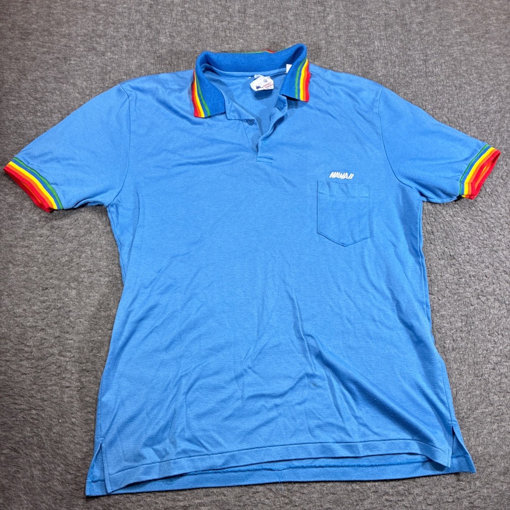 Vintage Royal Pacific Polo Shirt Mens XL Blue Vintage Rainbow Trim Hawaii Pocket